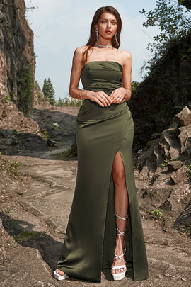 strapless olive green dress Olive Green Maxi Dress - Column Maxi Dress - Back Bow Maxi Dress