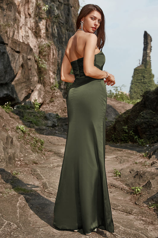 Olive Strapless Satin Long Prom Dress with Slit