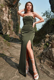 Olive Strapless Satin Long Prom Dress with Slit
