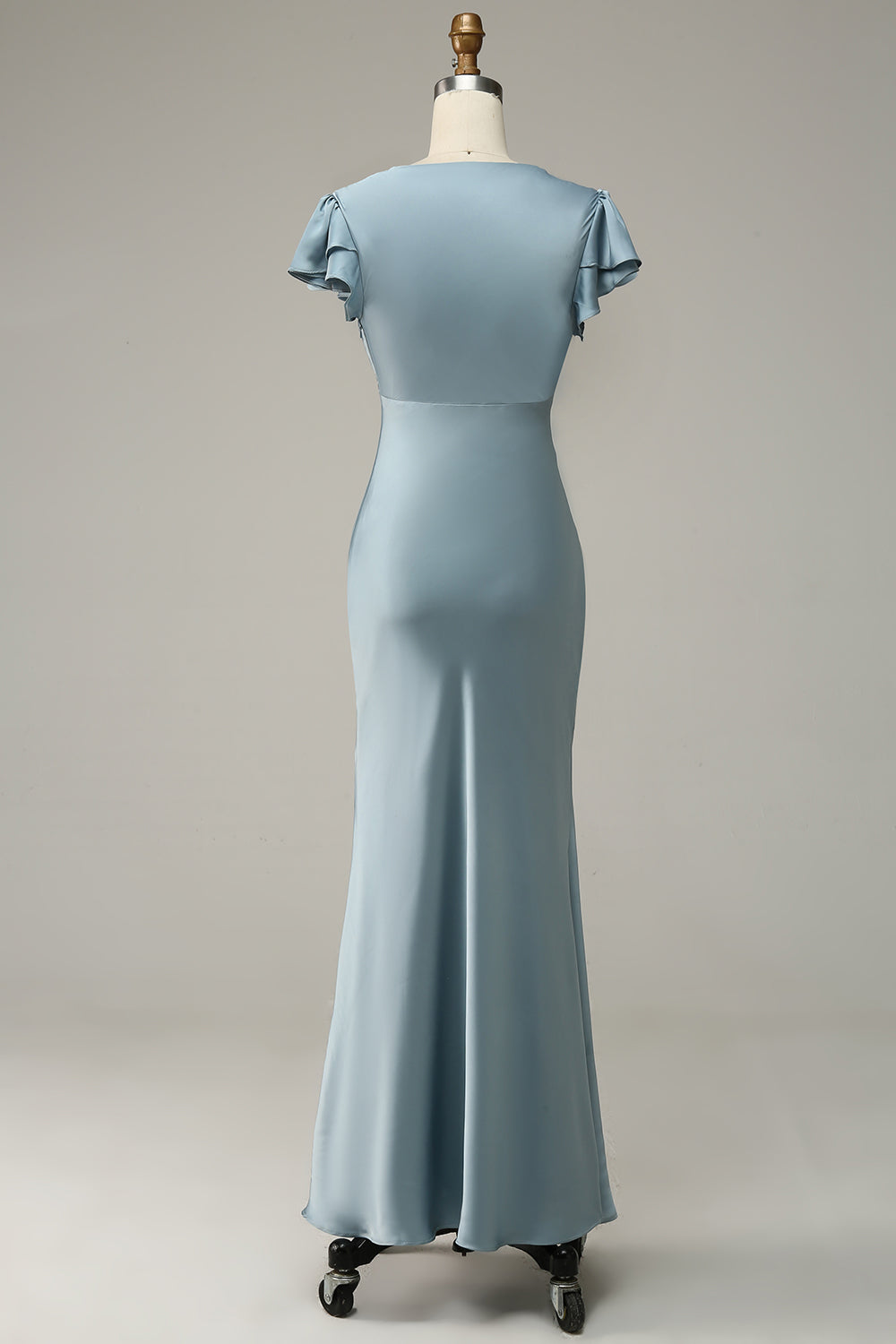 Grey Blue Satin Simple Prom Dress with Ruffles