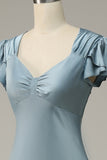 Grey Blue Satin Simple Prom Dress with Ruffles