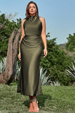 Halter Olive Sleeveless Prom Dress With Open Back