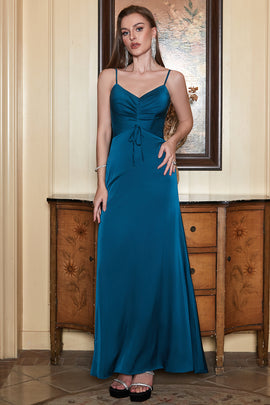 Peacock Blue Spaghetti Straps Long Prom Dress