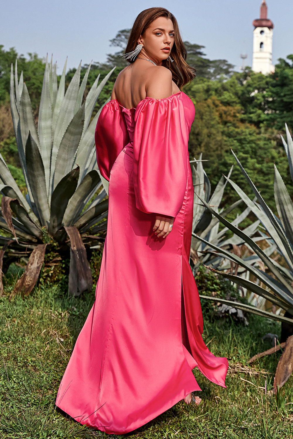 Off the Shoulder Plus Size Fuchsia Satin Long Prom Dress