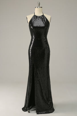 Halter Sequins Black Backless Prom Dress With Slit