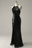 Halter Sequins Black Backless Prom Dress With Slit