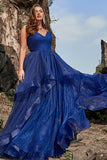 Spaghetti Straps Navy A Line Plus Size Prom Dress