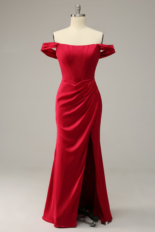 Off The Shoulder Burgundy Sheath Prom Dress