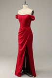 Off The Shoulder Burgundy Sheath Prom Dress