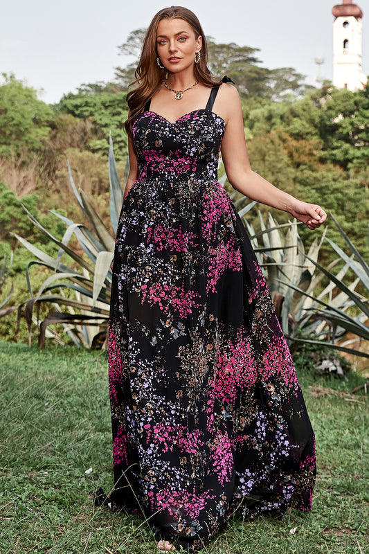 A Line Plus Size Black Mixed Flower Prom Dress