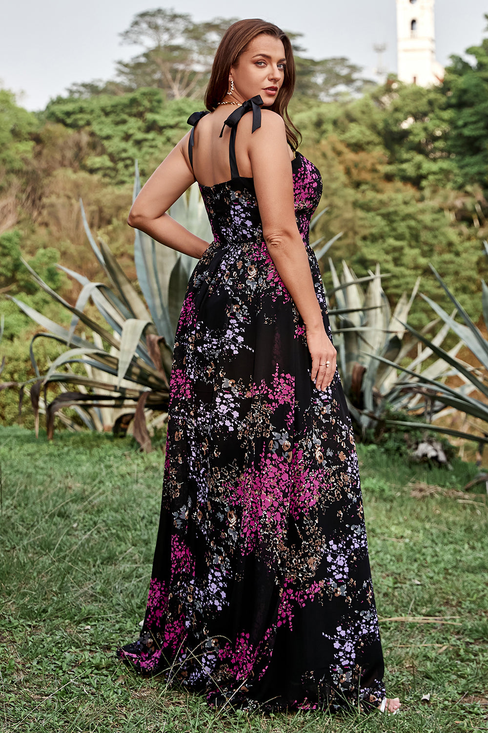 A Line Plus Size Black Mixed Flower Prom Dress