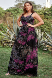 A Line Plus Size Black Mixed Flower Prom Dress