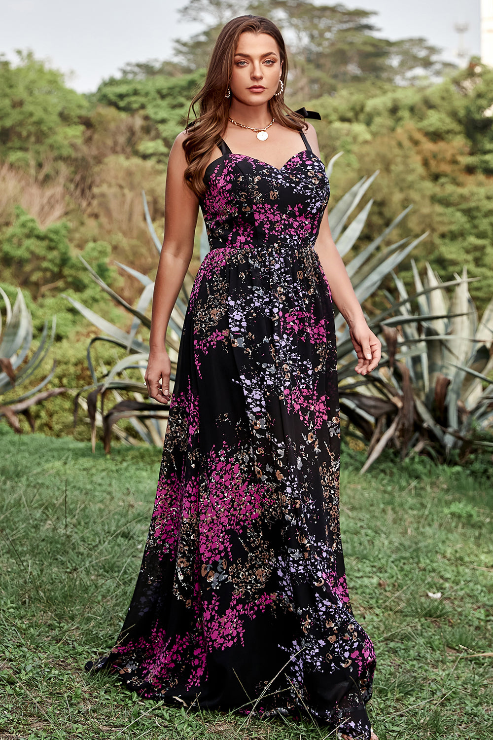 Zapakasa Women Plus Size Black Mixed Flower Prom Dress Spaghetti Straps
