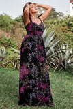 A Line Plus Size Black Mixed Flower Prom Dress