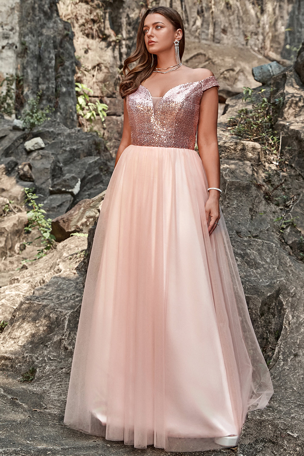 Blush Plus Size Off the Shoulder Tulle Prom Dress