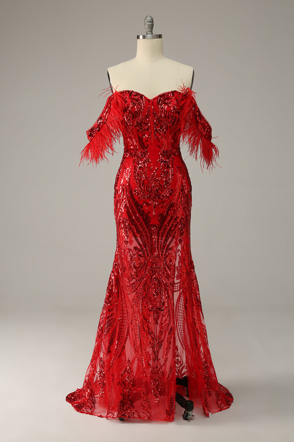 Sequins Sweetheart Mermaid Evening Dress With Feathers