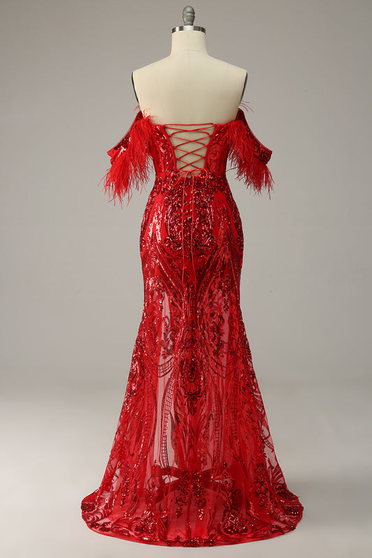 Sequins Sweetheart Mermaid Evening Dress With Feathers