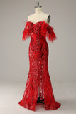 Sequins Sweetheart Mermaid Evening Dress With Feathers