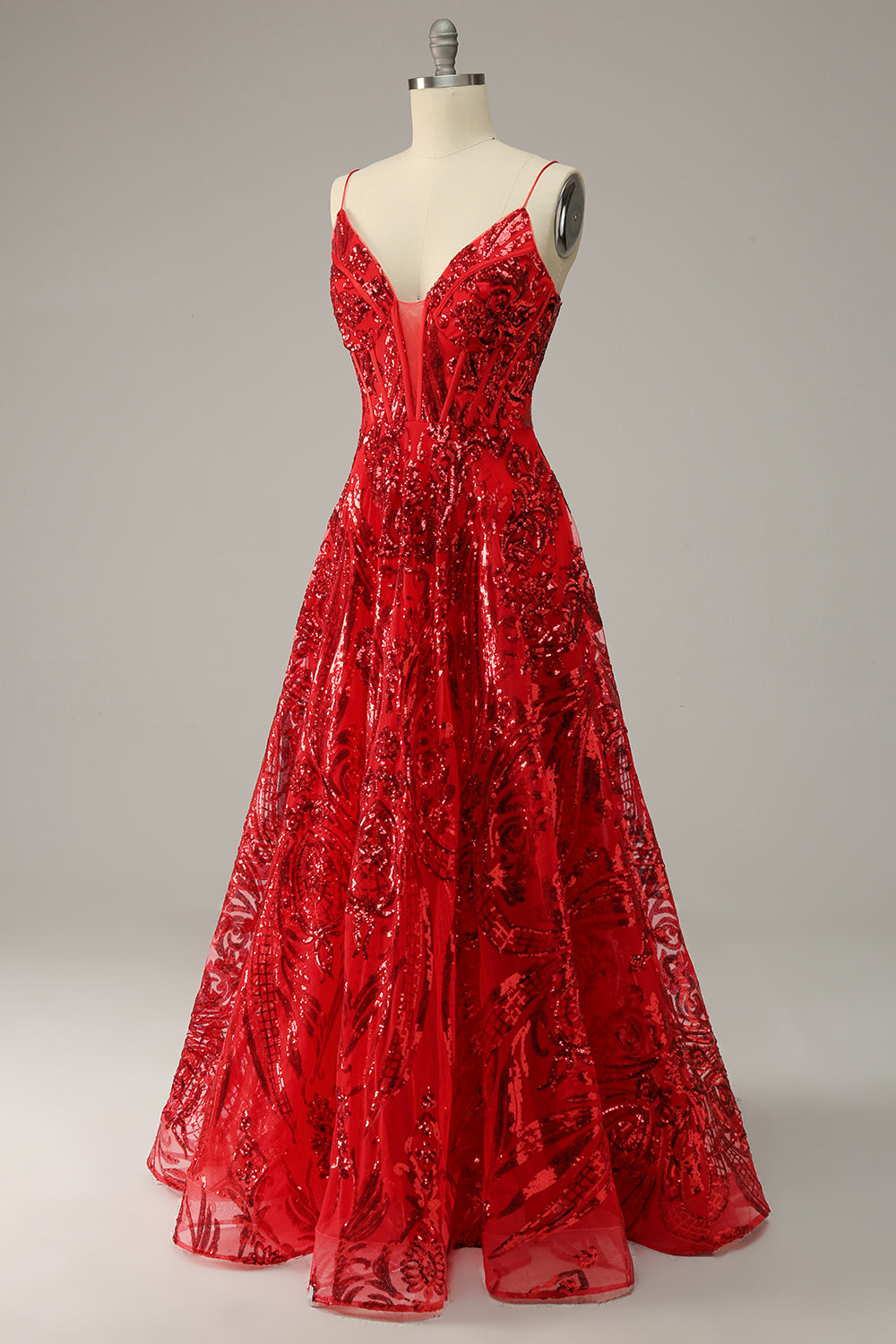 Red Spaghetti Straps Sequin Prom Dress