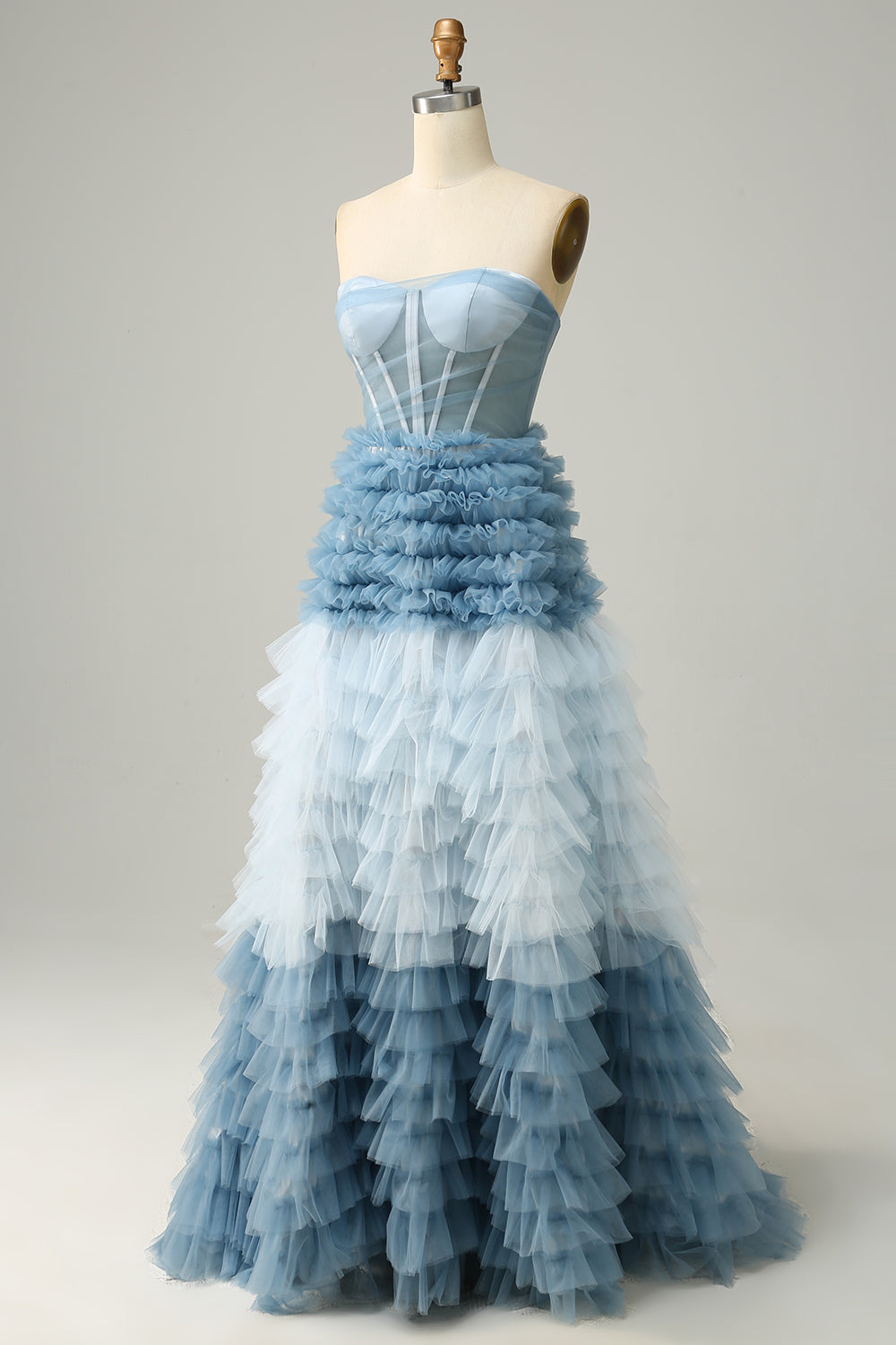 A Line Sweetheart Light Blue Tiered Prom Dress
