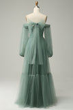 Off The Shoulder Grey Green A-Line Tull Prom Dress With Long Sleeves