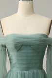 Off The Shoulder Grey Green A-Line Tull Prom Dress With Long Sleeves