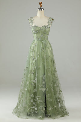 Green Corset Long Tulle Prom Dress with 3D Butterflies