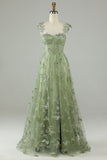 Green Corset Long Tulle Prom Dress with 3D Butterflies Scoop Neck Party Dress with Slit