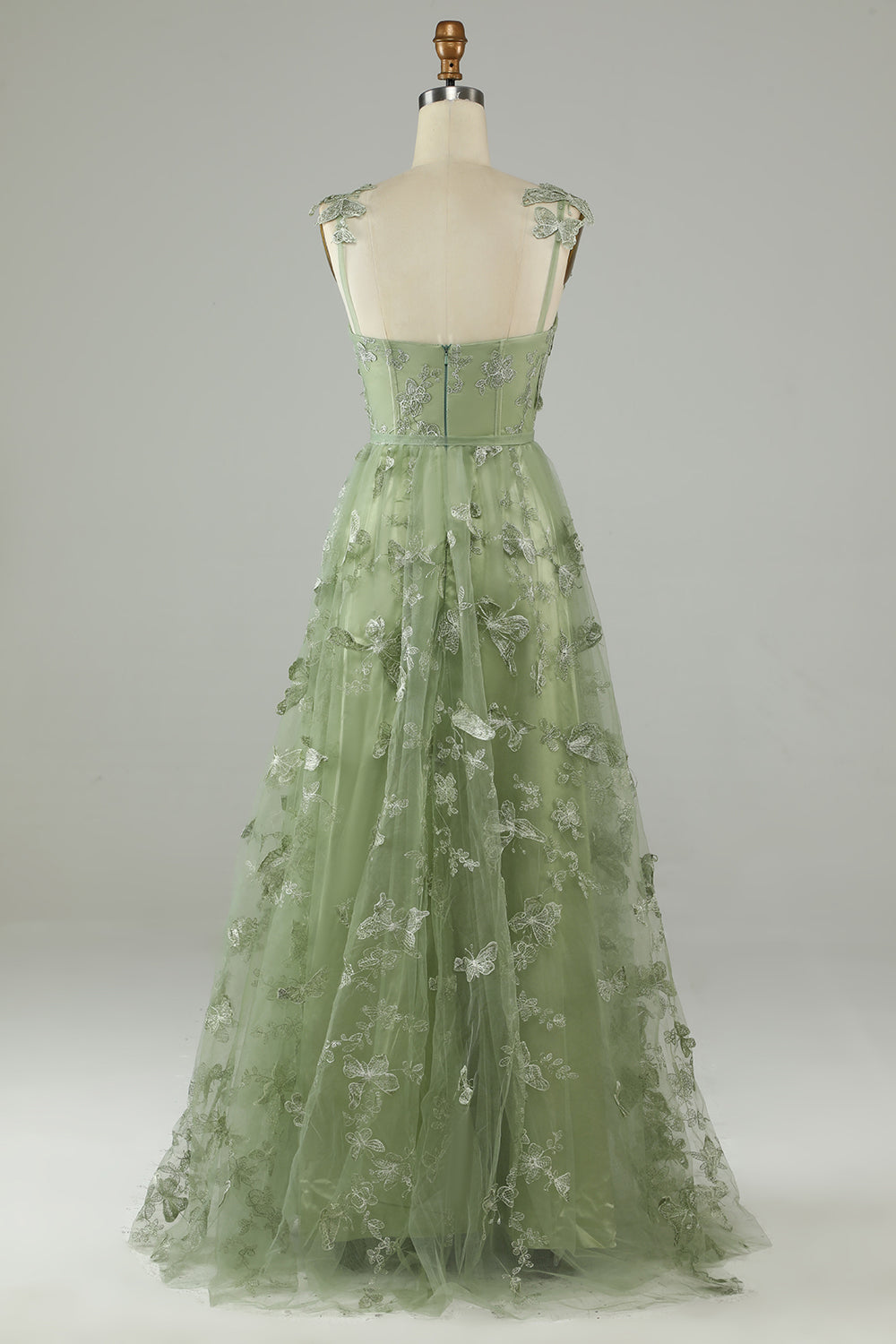 Zapaka Women Green Corset Long Tulle Prom Dress with 3D Butterflies Scoop Neck Party Dress with Slit, Green / US16 Zapaka Women Green Corset Long Tulle Prom Dress with 3D Butterflies Scoop Neck Party Dress with Slit, Green / US16