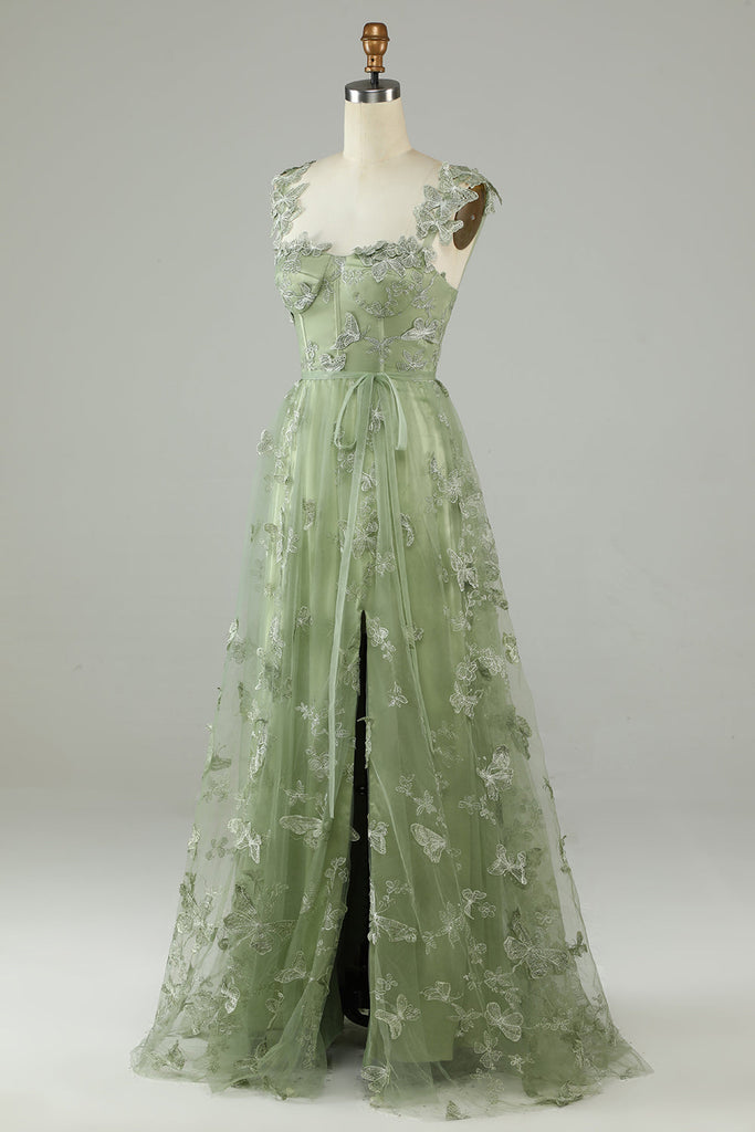 Zapakasa Women Green Corset Long Tulle Prom Dress with 3D Butterflies ...
