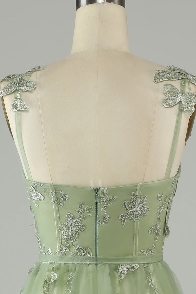 Sexy Halter Butterfly Beaded Tulle Long Party Dress Green Backless Prom Gown SP1467