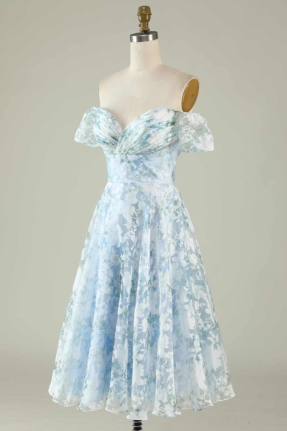Off The Shoulder Printed Blue Cocktail Dress