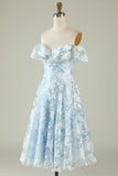 Off The Shoulder Printed Blue Cocktail Dress