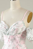 A-Line Cold Shoulder Flower Printed Pink Cocktail Dress