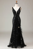 Black Sparkly Depp V-neck Mermaid Prom Dress with Feathers