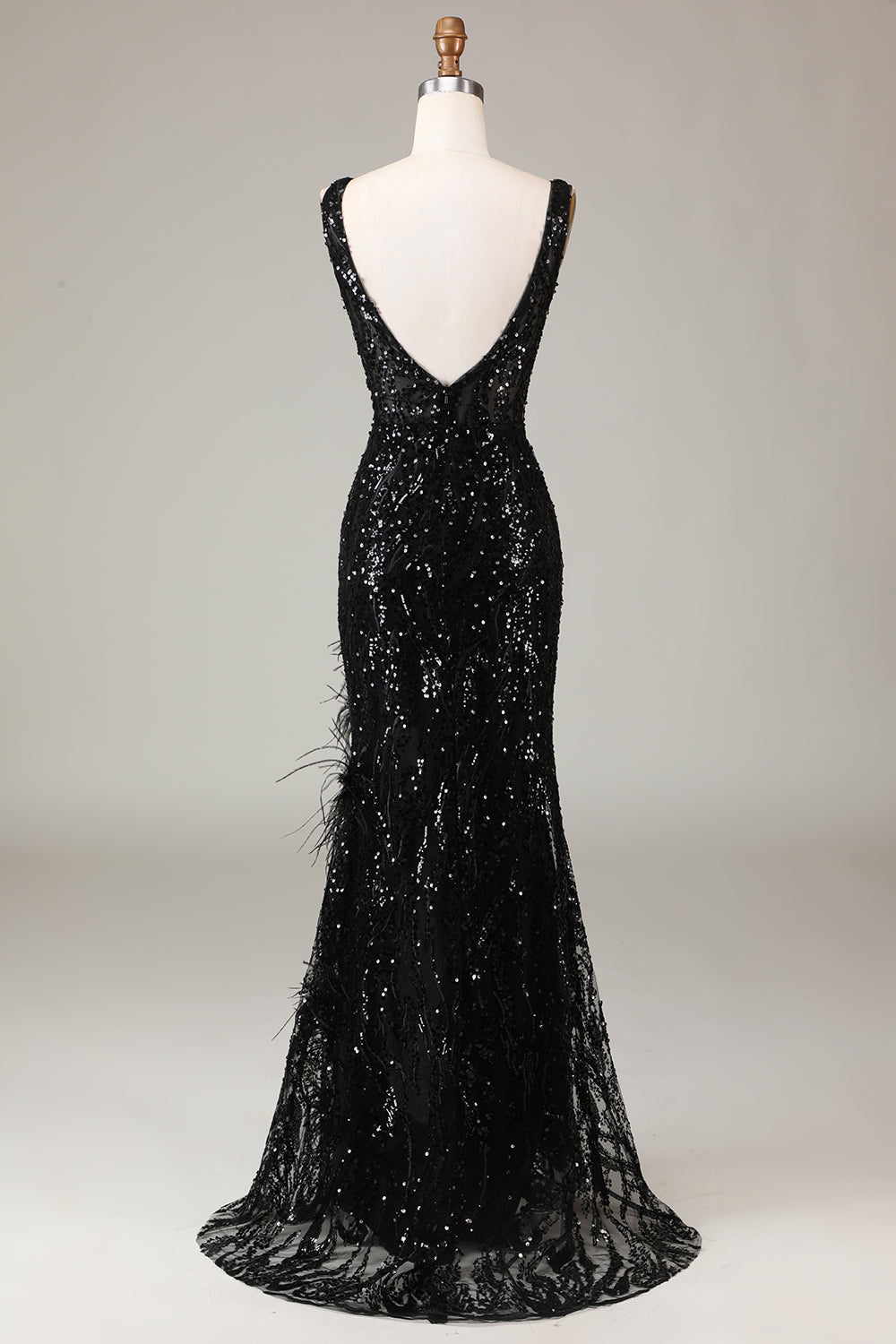 Black Sparkly Depp V-neck Mermaid Prom Dress with Feathers