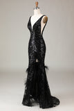 Black Sparkly Deep V-neck Mermaid Prom Dress with Feathers