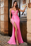 Pink Spaghetti Straps Glitter Sequin Mermaid Prom Dress with Slit