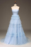 Tulle Light Blue Tiered Prom Dress with Slit