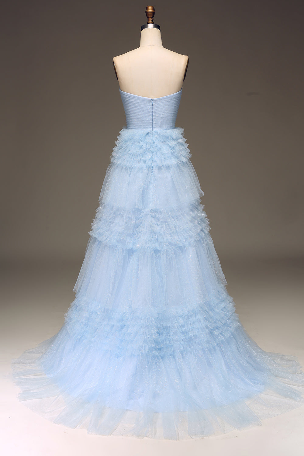 Tulle Light Blue Tiered Prom Dress with Slit