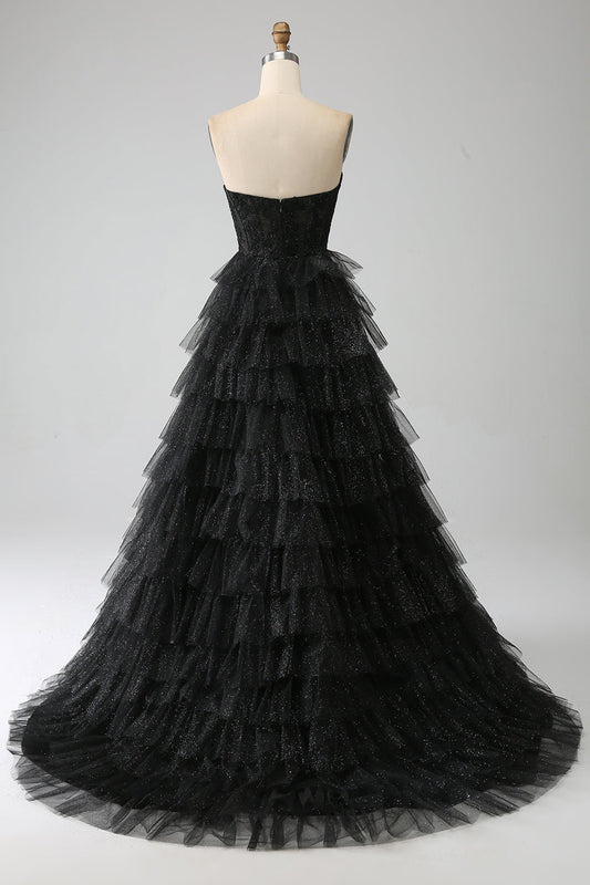 Glitter Sweetheart Black Corset Prom Dress with Slit