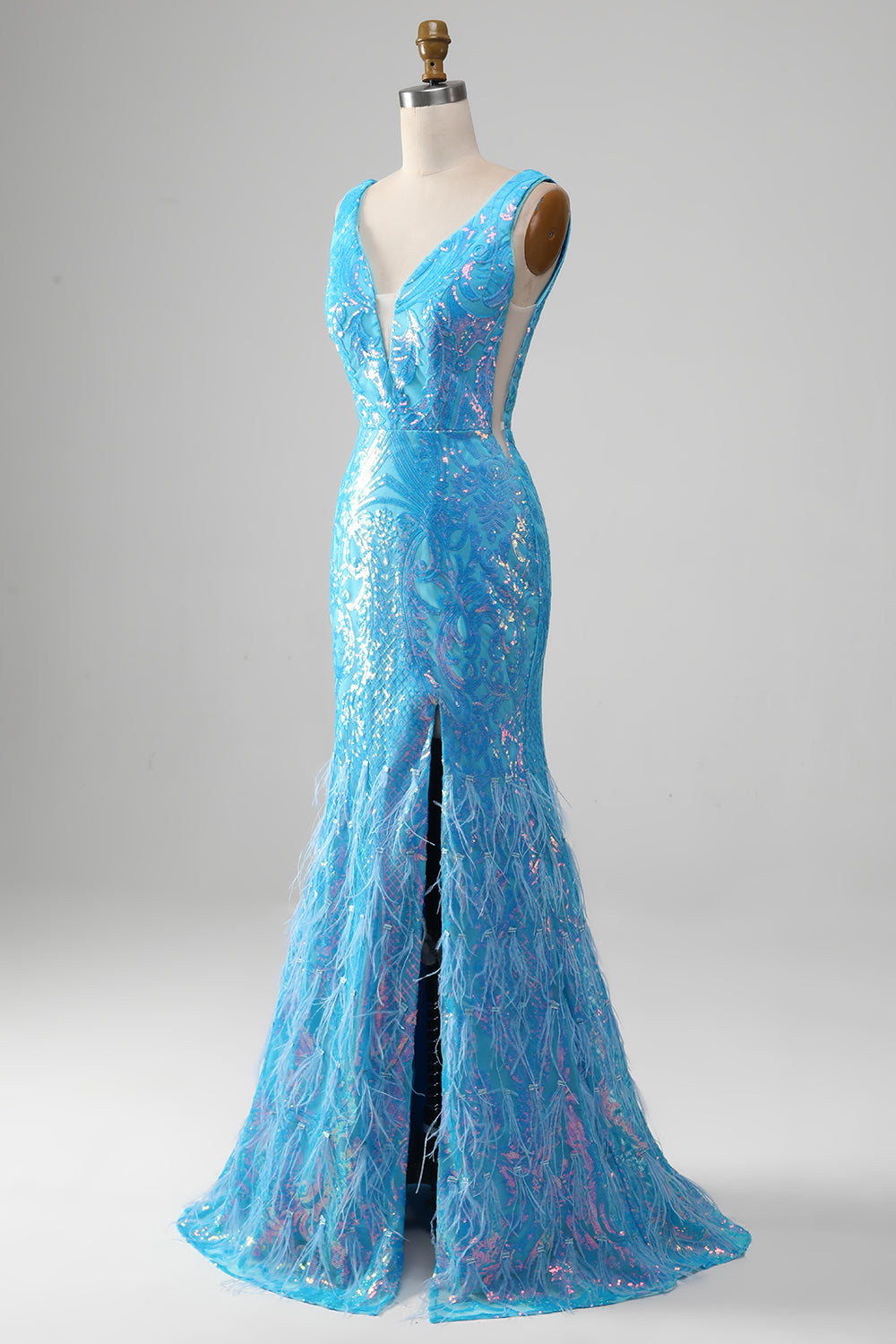 Sparkly Blue Mermaid V-Neck Long Prom Dress With Slit