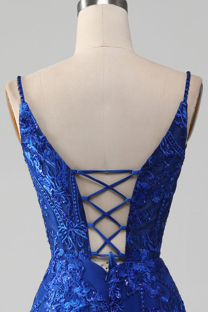 Royal Blue Sequins Spaghetti Straps Mermaid Long Prom Dress Y5734 main image 0