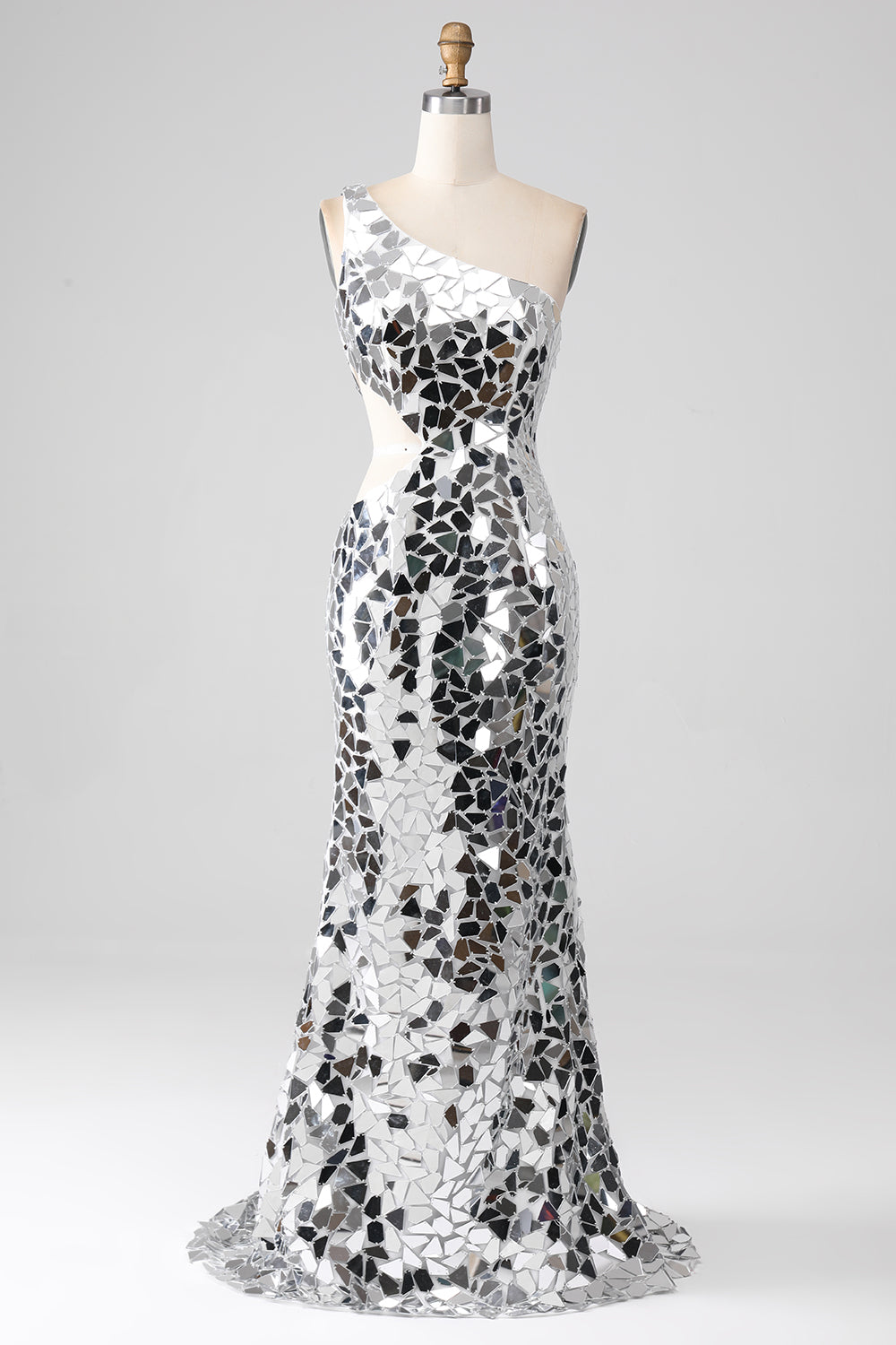 Silver Mirror Sequins One Shoulder Prom Dress with Hollow-out