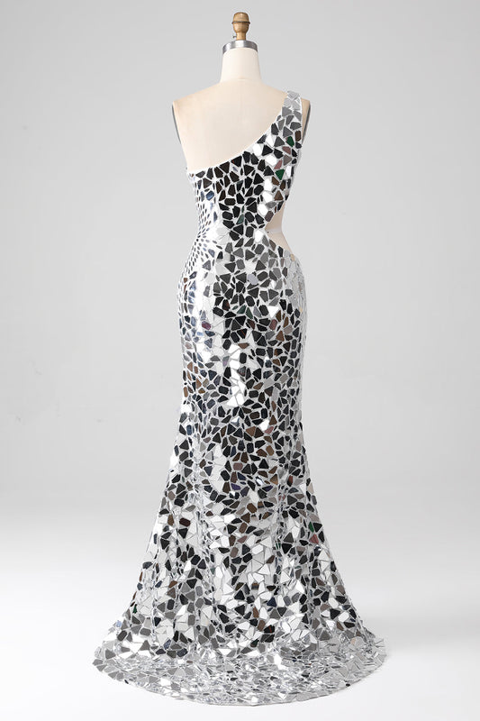 Silver Mirror Sequins One Shoulder Prom Dress with Hollow-out