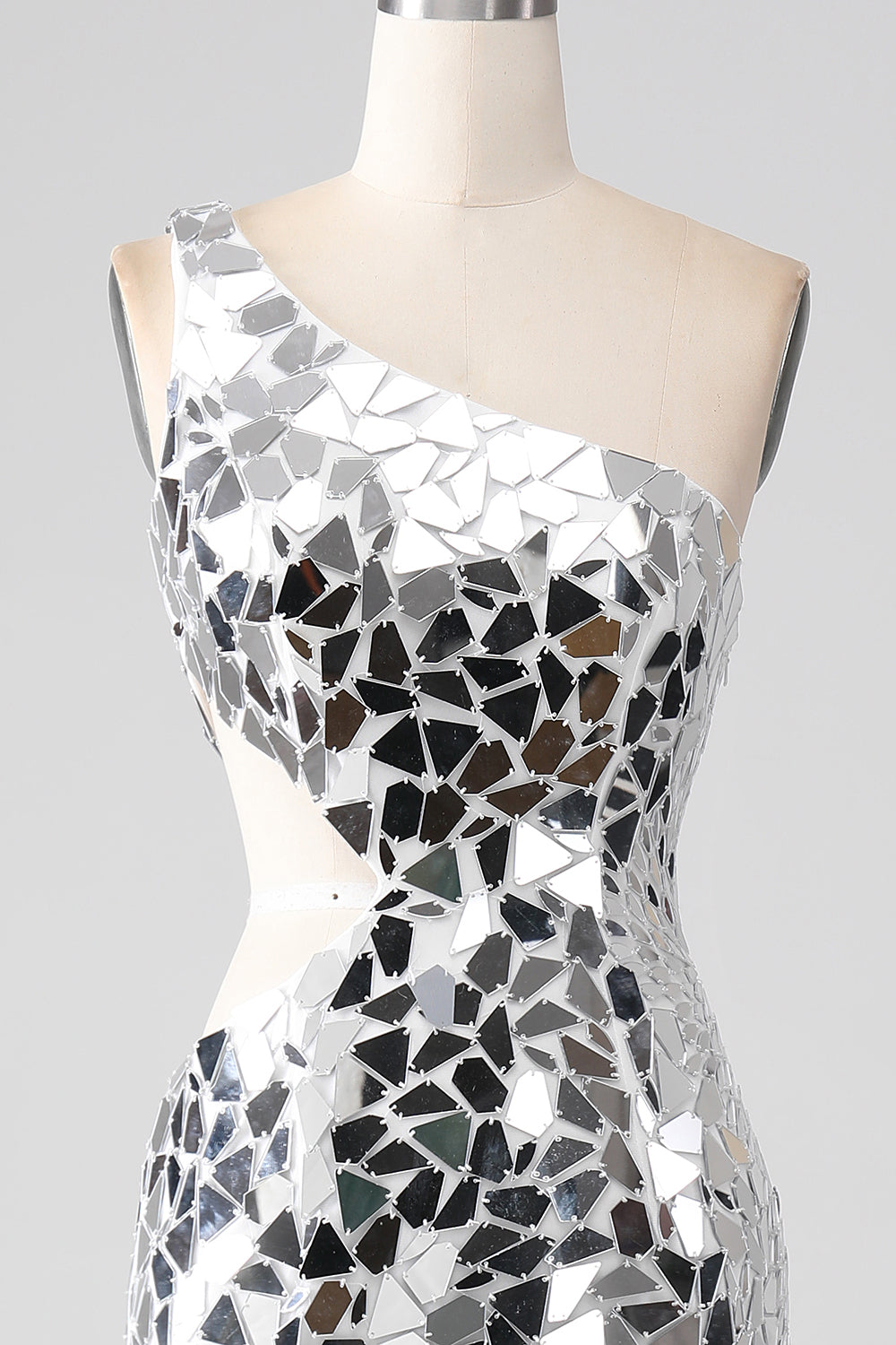 Zapakasa Women Silver Mirror Sequins One Shoulder Prom Dress with Hollow-out Glitter Long Party Dress