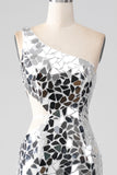 Silver Mirror Sequins One Shoulder Prom Dress with Hollow-out