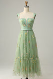 A Line Sweetheart Green Long Prom Dress with Embroidery