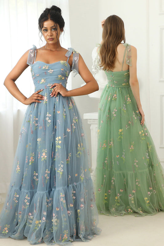 Grey Blue Long Prom Dress With Embroidery