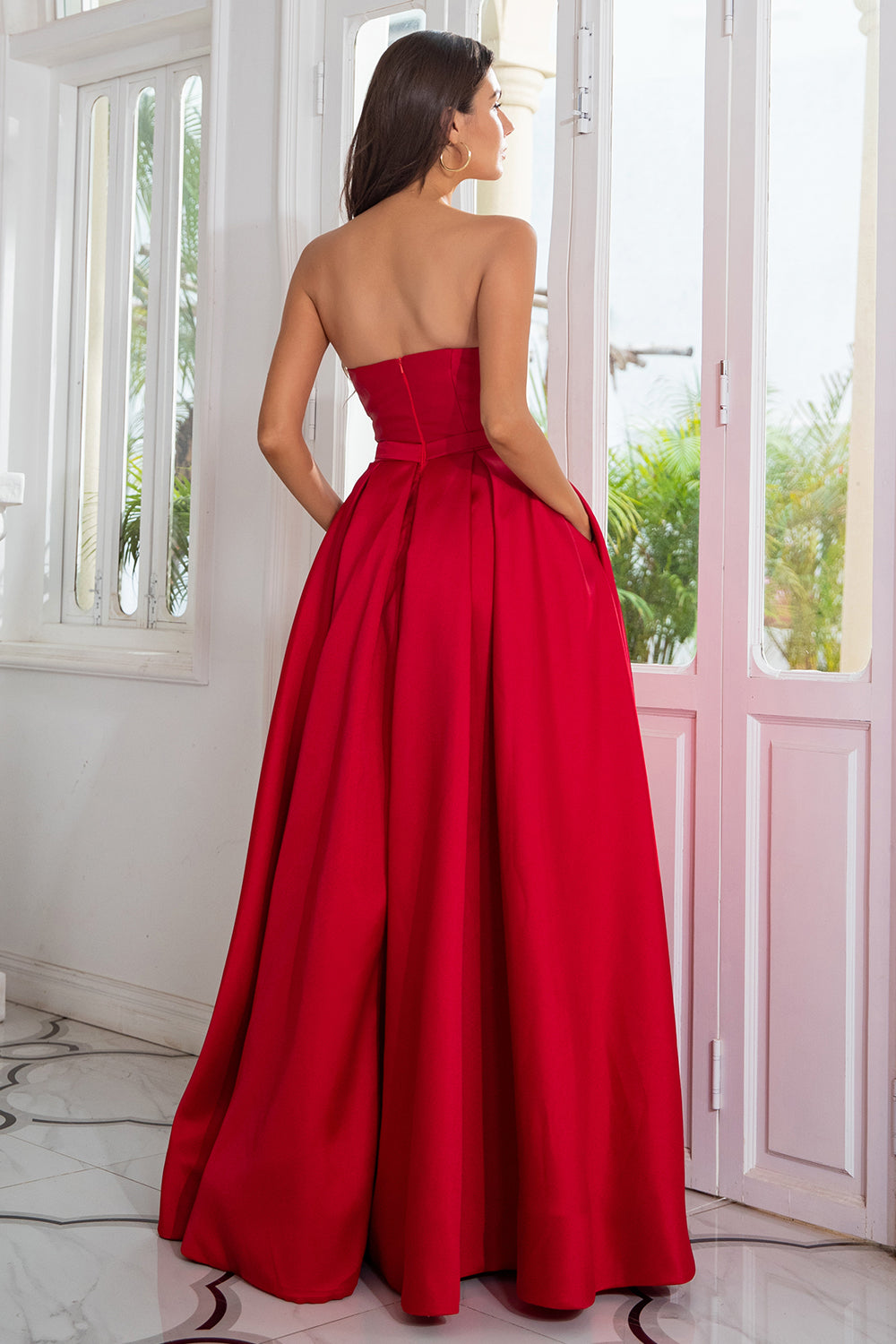 A line strapless red long prom dress with split front